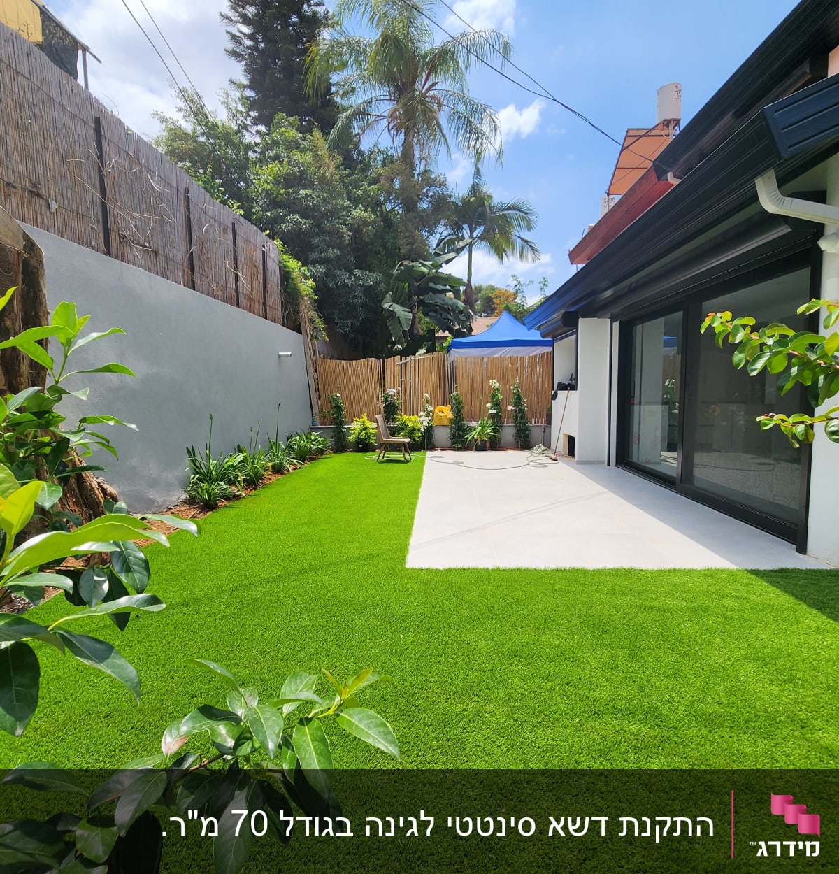 דשא ירוק, עציצים ושתילים בגינה מטופחת